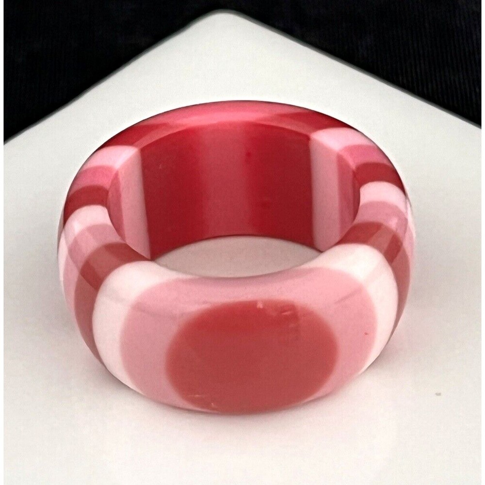 Vintage 1970s Lucite Ring Pink White Striped Band Chunky Mod Statement - 13S